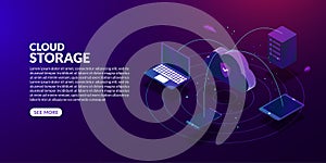 Cloud storage technology on dark background, isometric cloud computing concept