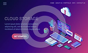 Cloud storage technology. Data backup. 3d isometric computer, pc with mobile phone isolated on background. Hosting service for