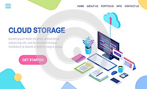 Cloud storage technology. Data backup. 3d isometric computer, pc with mobile phone isolated on background. Hosting service for