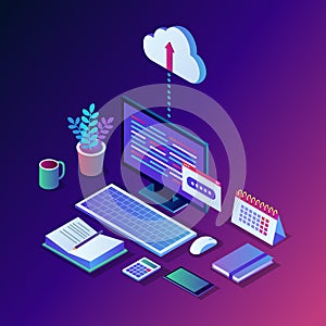 Cloud storage technology. Data backup. 3d isometric computer, pc with mobile phone isolated on background. Hosting service for