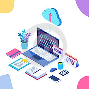 Cloud storage technology. Data backup. 3d isometric laptop, computer, pc with mobile phone isolated on background. Hosting service