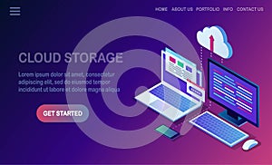 Cloud storage technology. Data backup. 3d isometric laptop, computer, pc with mobile phone isolated on background. Hosting service