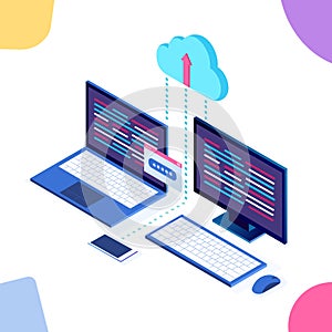 Cloud storage technology. Data backup. 3d isometric laptop, computer, pc with mobile phone isolated on background. Hosting service