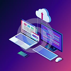 Cloud storage technology. Data backup. 3d isometric laptop, computer, pc with mobile phone isolated on background. Hosting service