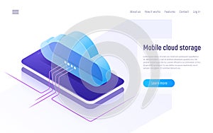 Cloud storage and technology, web hosting, data backup isometric concept