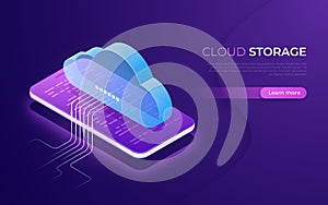 Cloud storage and technology, web hosting, data backup isometric concept
