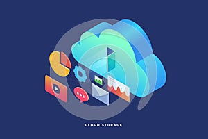 Cloud storage: web graph, chart, email, player. Infographics elements on computer devices. 3d isometric flat design.