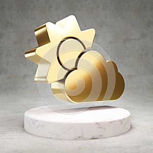 Cloud Sun icon. Shiny golden Cloud Sun symbol on white marble podium