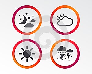 Cloud and sun icon. Storm symbol. Moon and stars.