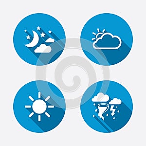 Cloud and sun icon. Storm symbol. Moon and stars