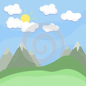 Cloud, sun and mountain summer landscape. Blue sky, grassland. Flat vector illustration