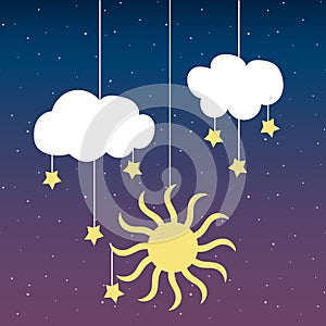 Cloud sun stars on a thread on night sky dawn card illustration