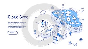 Cloud sync. Synchronization or backup. Download, upload information. Data in database on cloud storage services. Digital