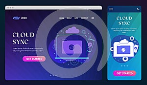 Cloud Sync UI UX web design template and GUI Mobile application, landing page. Cloud computing Storage Network