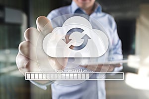 Cloud synchronization, Data storage, internet and computing concept on virtual screen.