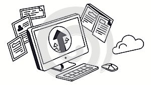 Cloud Synchronization & Data Upload to Computer Monitor, vector design Generative AI