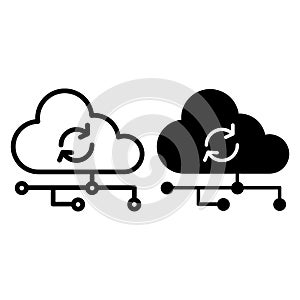 Cloud synchronization line and glyph icon. Network technologies vector illustration isolated on white. Computing outline