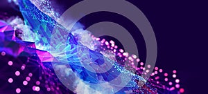 Network space. Internet communications and nanotechnology. Polygonal grid in neon light