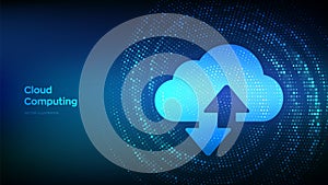 Cloud technology background. Cloud computing. Cloud storage sign with two arrows up and down icon. Binary code Data Flow. Virtual