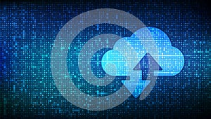 Cloud technology background. Cloud computing. Cloud storage sign with two arrows up and down icon made with binary code. Digital
