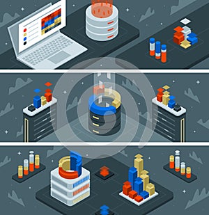 Cloud technology banners set. Secure storage and access to data from any device. Databases, SQL, MySQL education