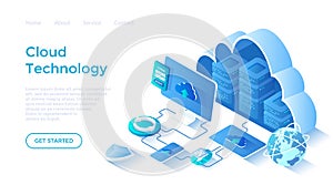 Cloud Technology. Big data processing center, cloud database, connecting information, storage, hosting.