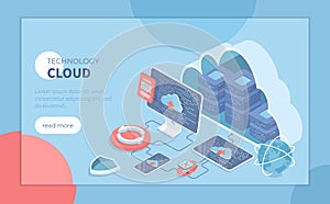 Cloud Technology. Big data processing center, cloud database, connecting information, storage, hosting. Isometric vector illustrat