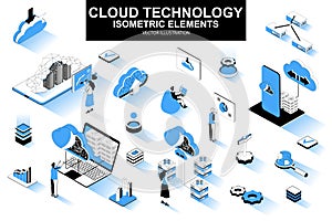 Cloud technology bundle of isometric elements. Server rack, hosting provider, information network, data storage, cloud database