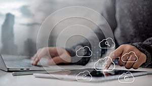 Cloud technology, Cloud data transfer and online data storage for business network confidential data of business on internet