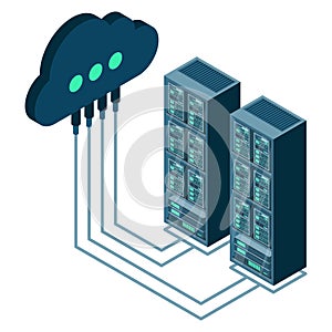 Cloud technology computing concept. Data center concept. Cloud storage. Server room isometric. Database connection. Server rack.