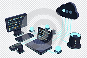 Cloud technology computing concept. Modern cloud technology. Data center isometric concept. 3D cloud technology with datacenter.