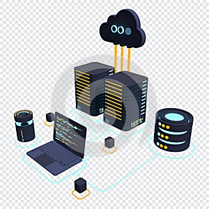 Cloud technology computing concept. Modern cloud technology. Data center isometric concept. 3D cloud technology with datacenter.