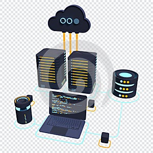 Cloud technology computing concept. Modern cloud technology. Data center isometric concept. 3D cloud technology with datacenter.