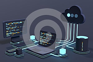 Cloud technology computing concept. Modern cloud technology. Data center isometric concept. 3D cloud technology with datacenter.