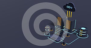 Cloud technology computing concept. Modern cloud technology. Data center isometric concept. 3D cloud technology with datacenter.