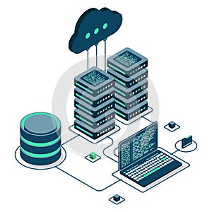 Cloud technology computing concept. Modern cloud technology. Data center isometric concept. Isometric cloud technology with