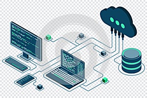 Cloud technology computing concept. Modern cloud technology. Data center isometric concept. Isometric cloud technology with