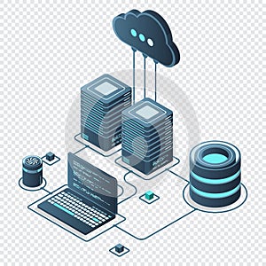 Cloud technology computing concept. Modern cloud technology. Data center isometric concept. Isometric cloud technology with