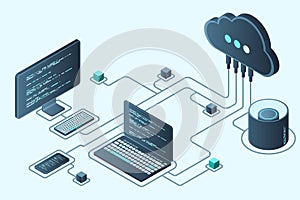 Cloud technology computing concept. Modern cloud technology. Data center isometric concept. Isometric cloud technology with