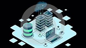 Cloud technology computing concept. Modern cloud technology. Data center isometric concept. Isometric cloud technology with data