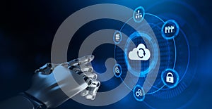 Cloud technology computing concept. Robot hand pressing virtual button. 3d rendering