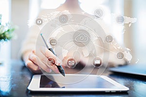 Cloud technology, computing, networking concept. Remote data storage and security. Internet and technology.