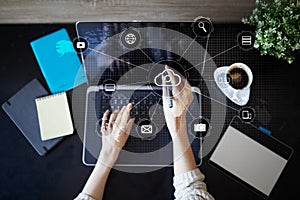 Cloud technology, computing, networking concept. Remote data storage and security. Internet and technology.