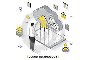 Cloud technology concept in 3d isometric outline design.