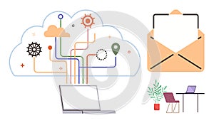 Cloud Technology Concept with Data Transfer, Communication, and Workspace Elements