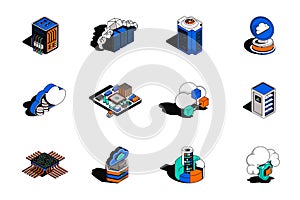 Cloud technology 3d isometric icons set. Pack elements