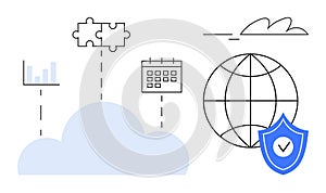 Cloud Technology with Data Integration, Security Shield, and Global Connectivity
