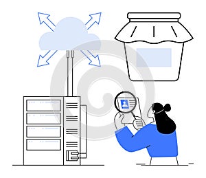 Cloud Technology and Data Management Concept with Server, Cloud Computing, and User Searching Data