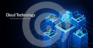 Cloud technology data network 3D vector illustration. Isometric server platform, secure storage digital concept. Cyber database