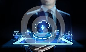 Cloud technology data storage processing computing Internet concept. Businessman pressing button on screen.